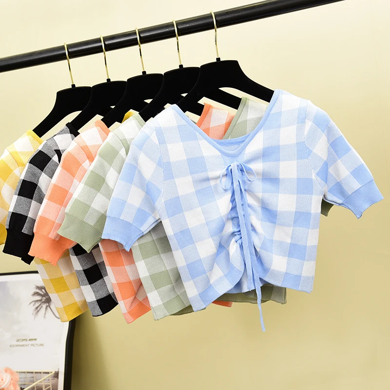 

Vintage Sexy V Neck Plaid Print Slim Summer Knit T-Shirt Drawstring Casual Women T Shirt Top Tee Crop Thin Short Sleeve Tshirt