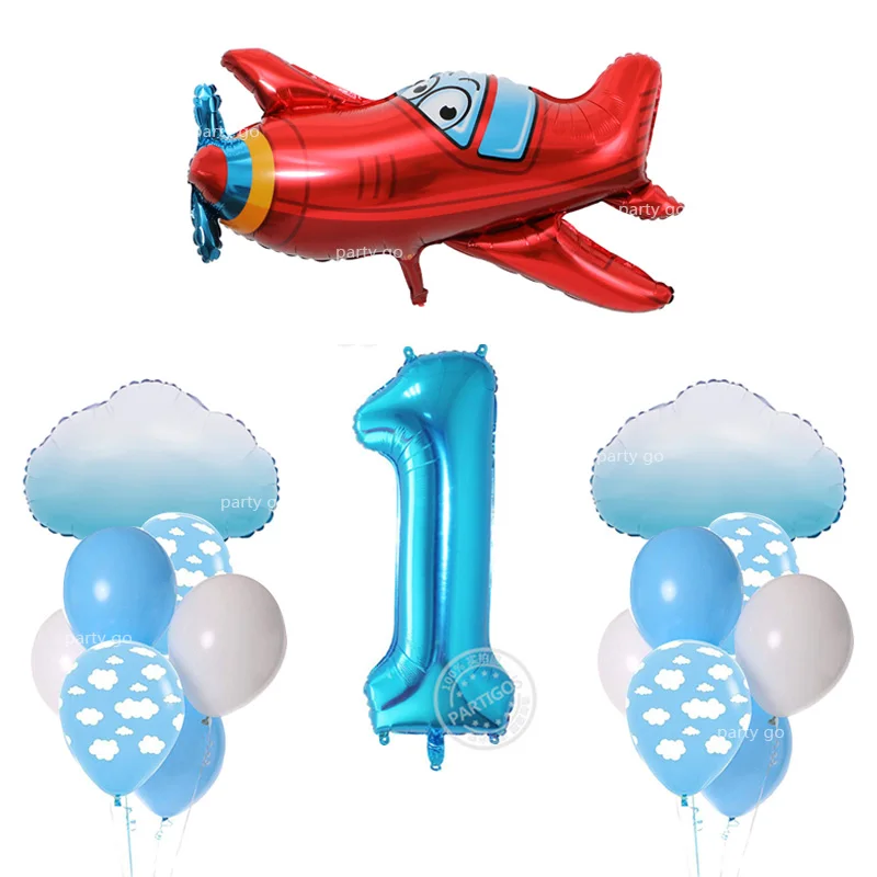 17 шт. 1" синие белые воздушные шарики с нарисованными облаками самолет для вечеринки в честь рождения мальчика 40" номер воздушный шар Декор для детского дня рождения вечерние поставки надувной шар - Цвет: set 1