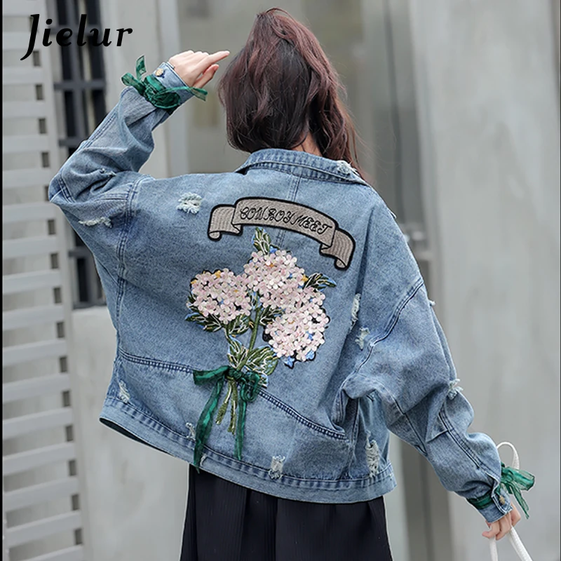 

Jielur Embroidered Pattern Denim jacket Women 2019 New Autumn Winter Thick Coat Harajuku Korean Fashion Wild Loose Short Female