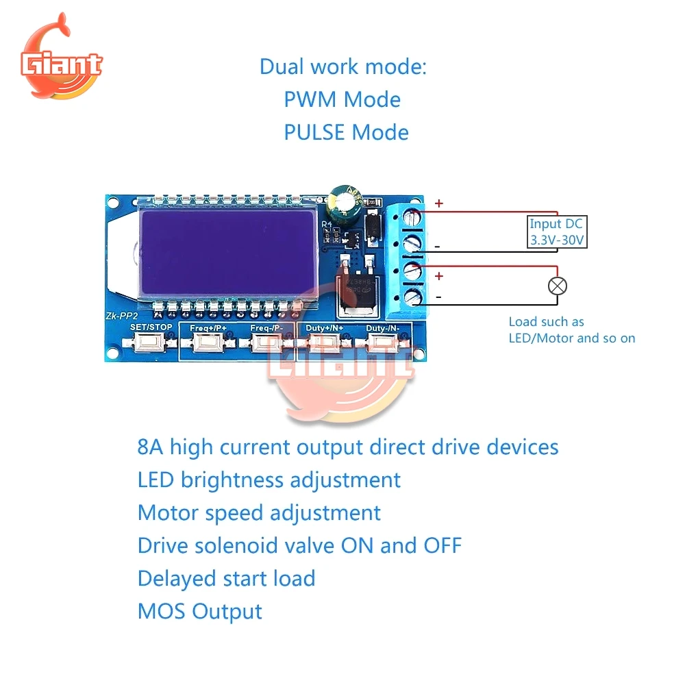 Signal Generator 8A Driver 1-Channel 1Hz-150KHz Dual Mode LCD PWM Pulse Frequency Duty Cycle Adjustable Module For Motor/Lamp