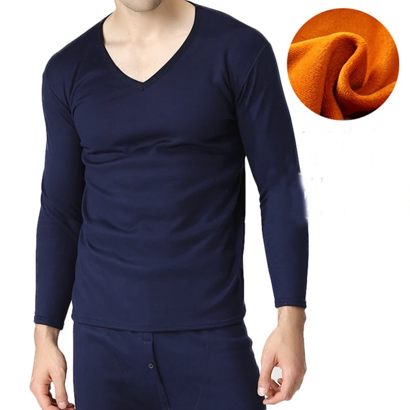Navy blue-V Зимние мужские комплекты термобелья большого размера плюс вельветовые комплекты нижнего белья большого размера бархатные теплые бархатные комплекты нижнего белья - Цвет: Navy blue-V