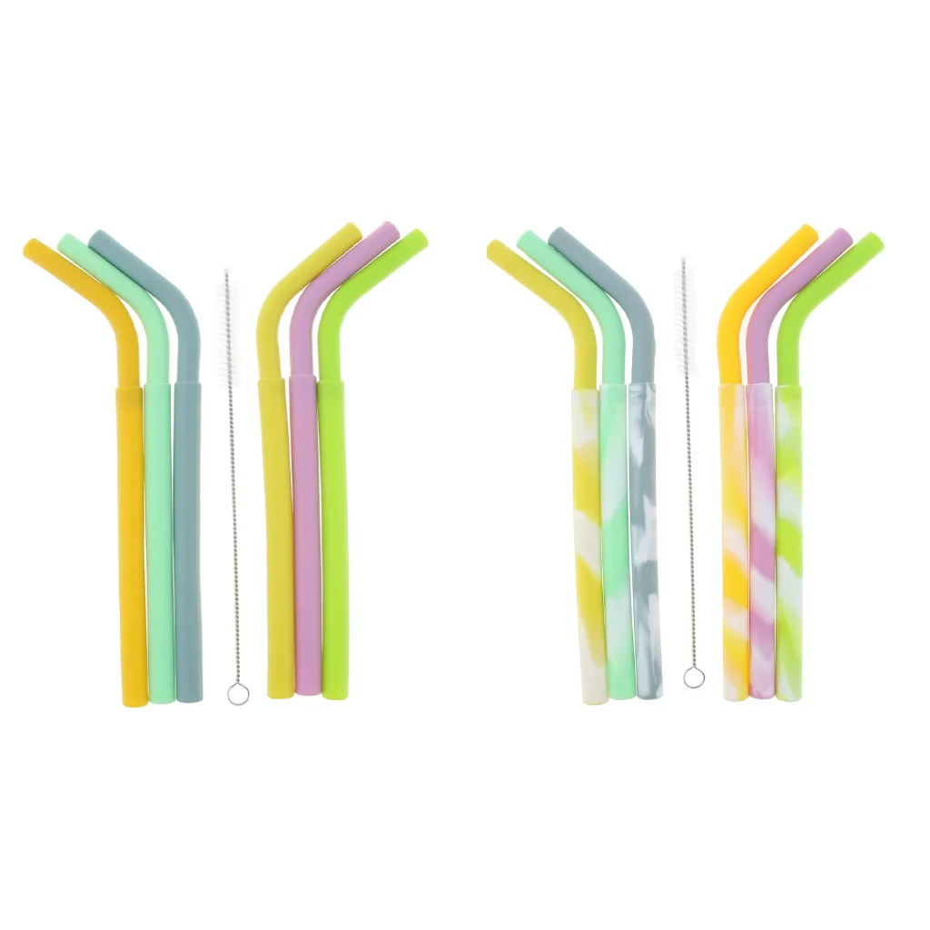 6pcs Silicone Flexible Reusable Straight Bendy Drinking Straws + Cleaning Brush Set for Elderly Patients