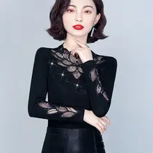 

Black Sweater Women O Neck Long Sleeve Pullovers Lace Patchwork See Through Slim Knit Tops Korean Fashion Mesh Insert Blouse New