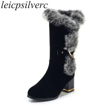 

Women Boots Autumn Winter High Heel Round Toe Zip Rabbit Hair Mid-Calf Motorcycle Boots Plush 2019 New Sexy Fashion Black White