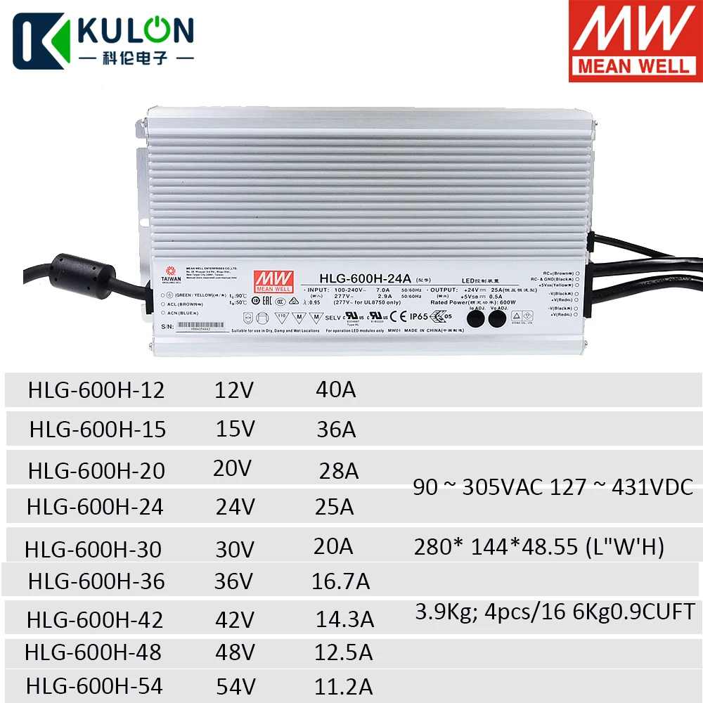 Оригинальный светодиодный драйвер MEANWELL HLG 600H 12A 480 Вт 40А 12В Регулируемый Драйвер