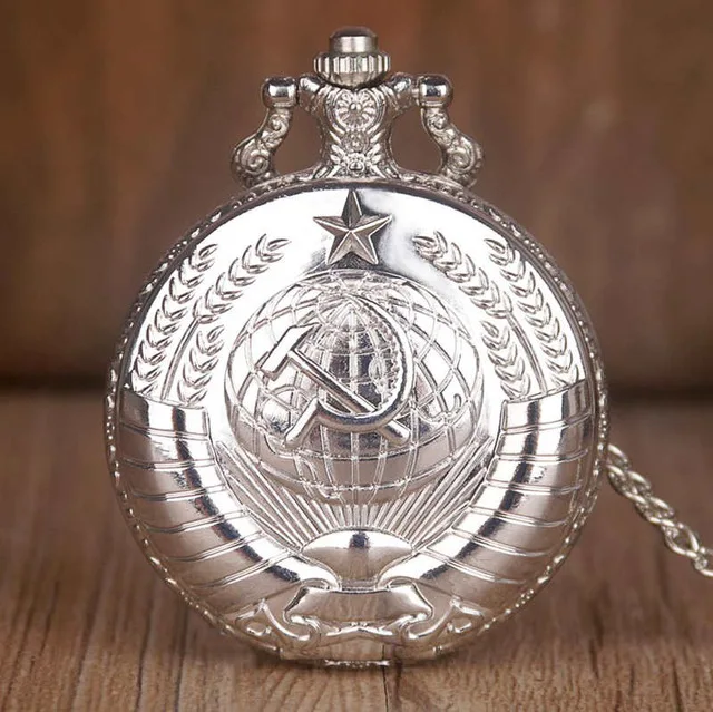 silver Винтажные советские серповидные молотки, кварцевые карманные часы, ожерелье, серебряное золото, часы с подвеской, CCCP, эмблема России, коммунизм, часы с брелоком - Цвет: silver