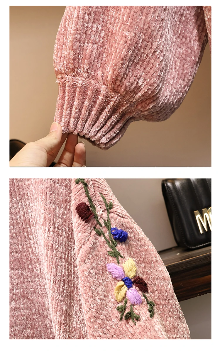 Большие размеры Трикотаж костюм Новинка осени, розовый, светло-розовый свободное с цветочной вышивкой Топы+ бархат сетки лоскутное плиссированные юбки комплект из 2 частей