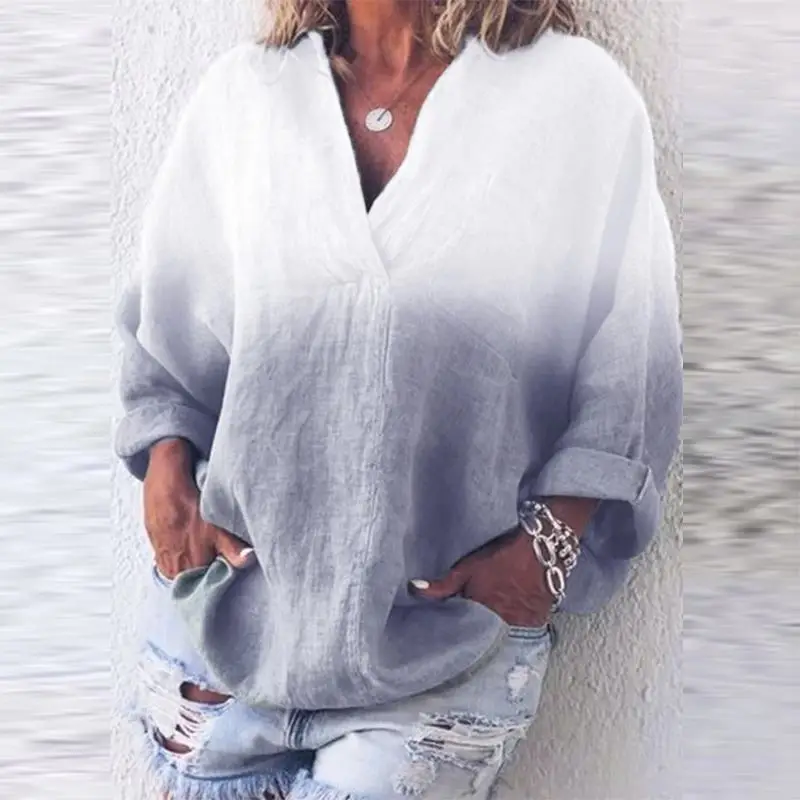 Женская Лоскутная цветная блузка ZANZEA повседневная с v-образным вырезом, с длинным рукавом, с принтом красителя, рубашка женская Blusas, Офисная туника, топы, плюс размер 5XL - Цвет: Light Blue