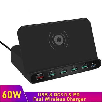 

Tongdaytech 60W 5 Port USB Qi Fast Wireless Charger Carregador Portatil PD Quick Charge QC 3.0 For Iphone XS 11 Pro MAX Samsung