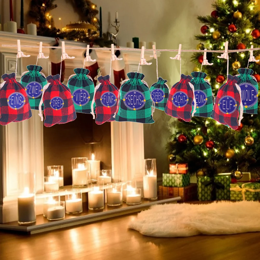 24Pcs Christmas Calendar Craft Cotton Linen Bag Advent Calendar Fabric Candy Bag Christmas Gift Craft Kit