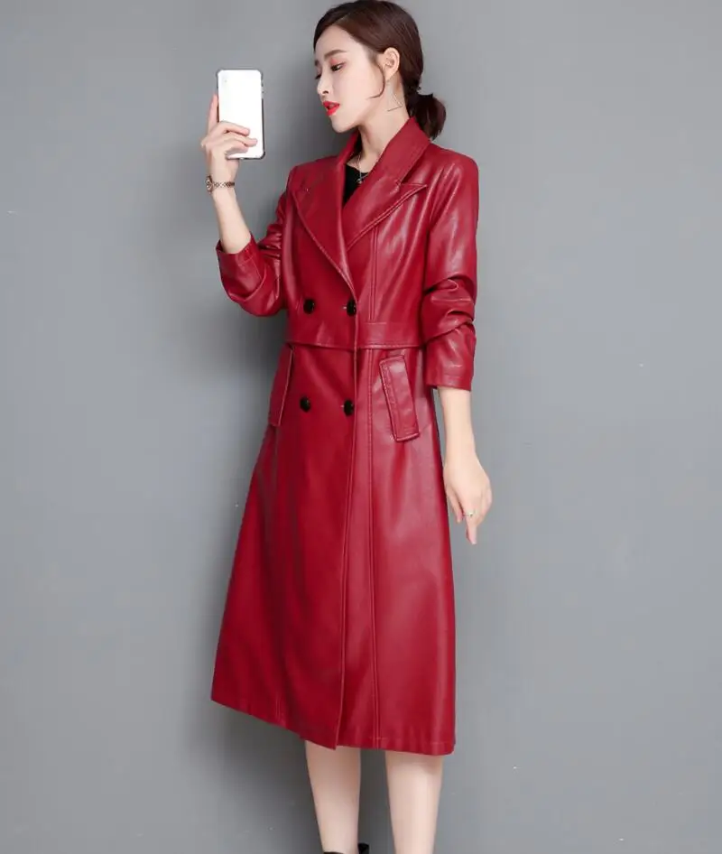 Plus Size Black Leather Coat Women New Spring Autumn Female Leather Clothing Long Slim Motorcycle Women's Leather Jacket