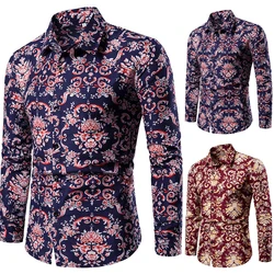 Camisa de botão blusas masculinas fino ajuste casual manga longa camisa floral topos botão para cima inverno outono camisas formais festa blusa