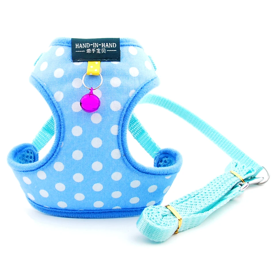 Dog Cat Polka Dot Print Cotton Harness Vest Pet Adjustable with Bell Walking Leash for Puppy Mesh Harness for Small Medium Dog