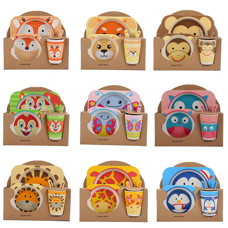 

Bamboo fiber children's tableware set creative cartoon bowl tray. Spoon. Fork. Cup. Five sets of gift tableware