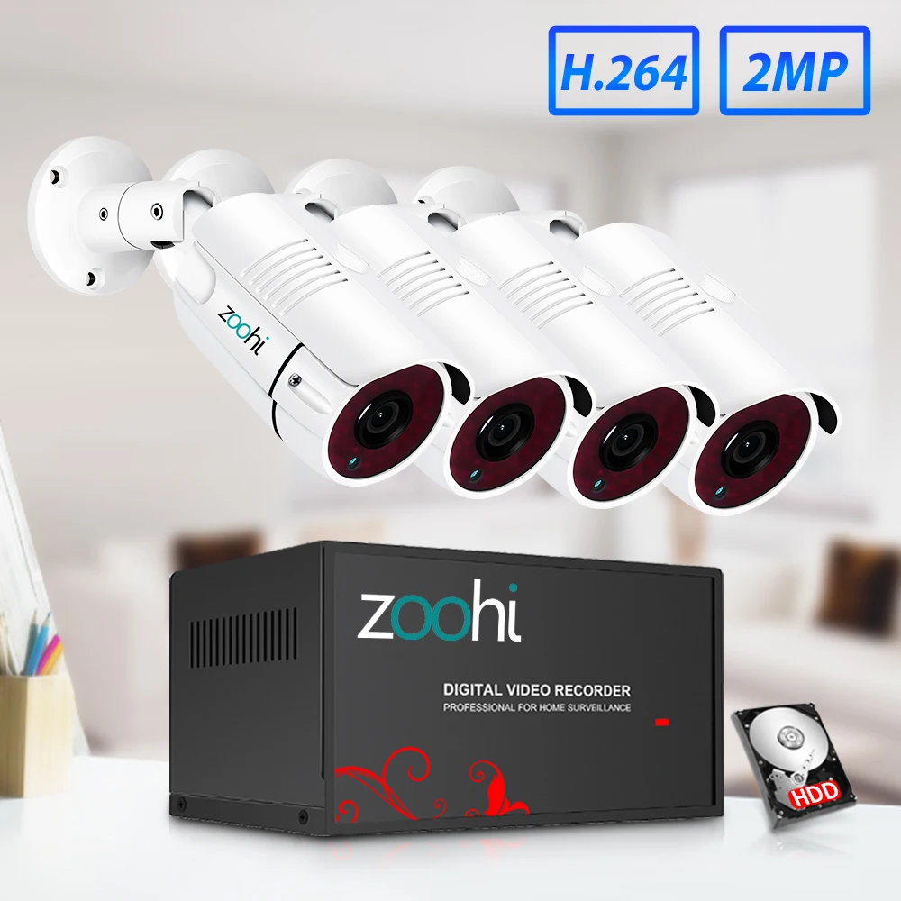 Zoohi HD 4CH 1080N AHD DVR комплект видеонаблюдения Системы 4 шт. 720 P/1080 P AHD водонепроницаемый/Металлическая Цилиндрическая камера видеонаблюдения 2MP P2P Видеонаблюдения Набор