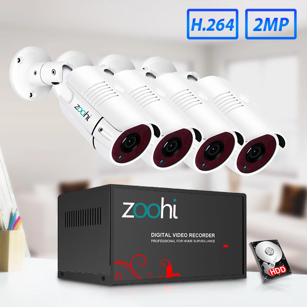 Cena Zoohi HD 4CH 1080N zestaw AHD dvr system cctv 4 sztuk 720 P 1080 P AHD wodoodporna metalowa kamera typu bullet 2MP P2P zestaw nadzoru bezpieczeństwa