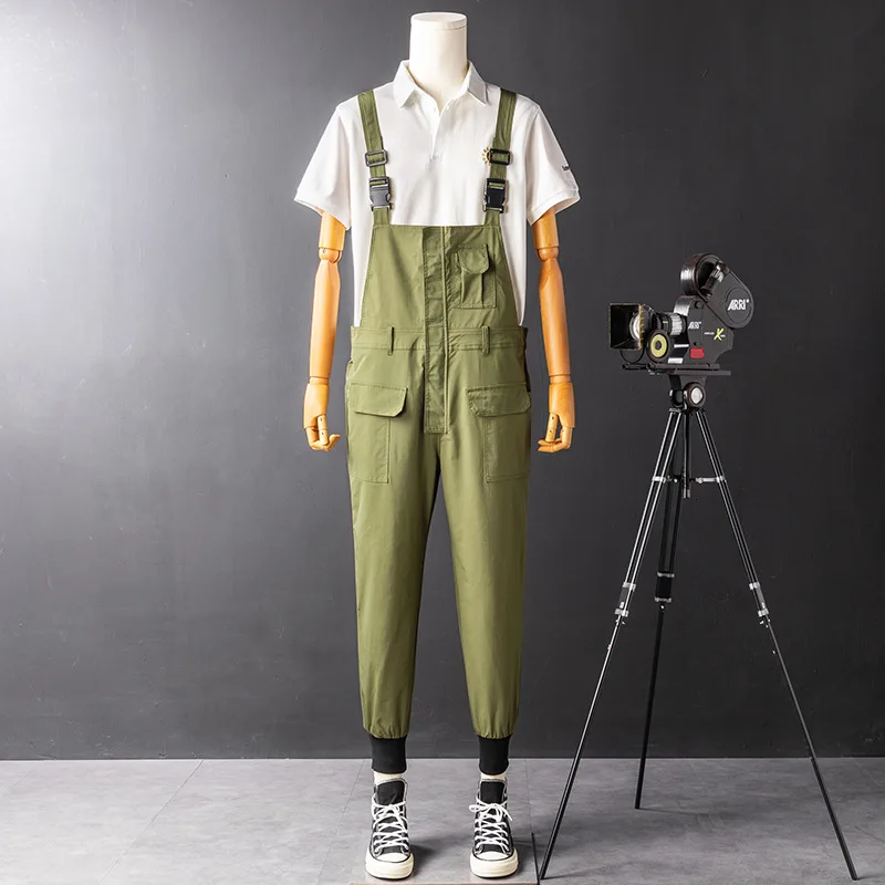 

2021 Mens Bib Pants Solid Color Casual Jumpsuits Streetwear Joggers Multi Pockets Fashion Suspenders Men Safari Cargo Overalls