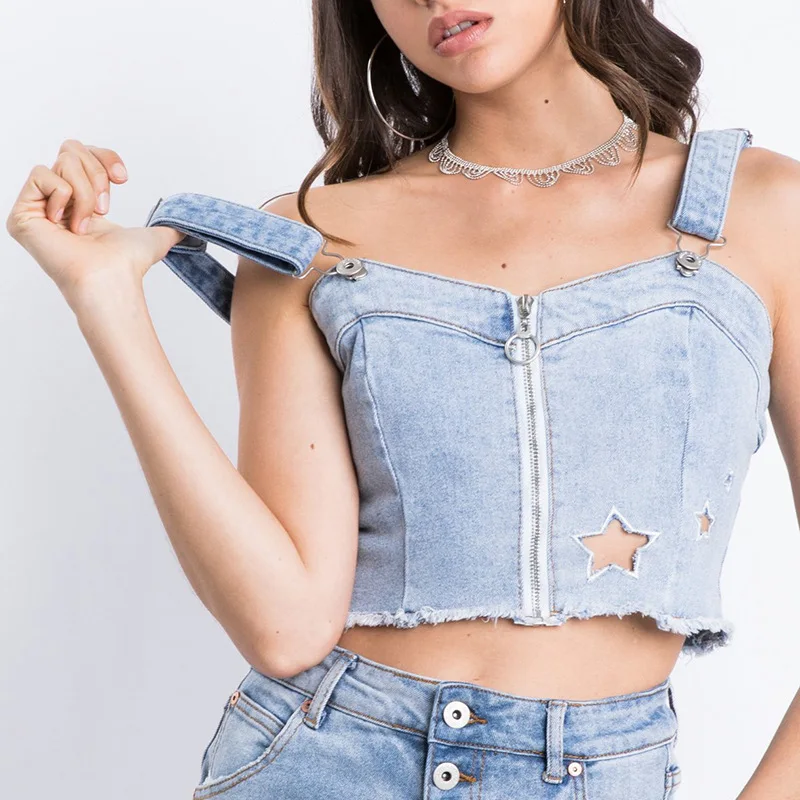 Джинсовый укороченный Топ для женщин, топ на бретелях, короткий стиль, без рукавов, открытая спина, однотонный топ, женские вечерние короткие рубашки, женские укороченные топы