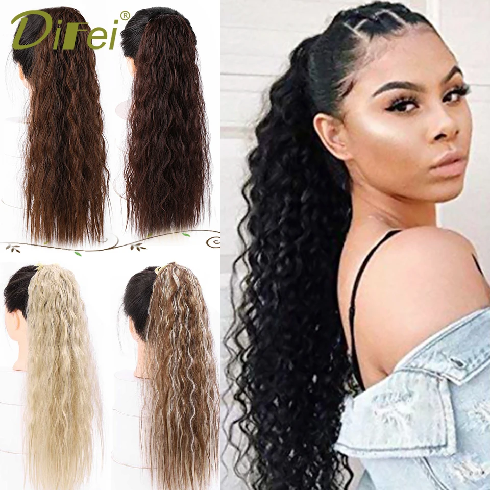 DIFEI Wavy Synthetic Ponytail Drawstring Clip In Ponytail Hair Extensions Brown Heat Resistant Pony Tail for Women False Hair