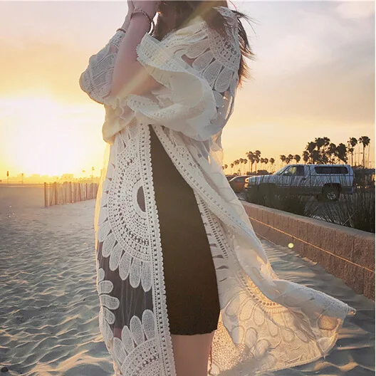 

Seaside Holiday Lace Loose-Fit Three-quarter-length Sleeve Mid-length Cardigan Beach Jacket Bathing Suit Outdoor Cover-up Beach