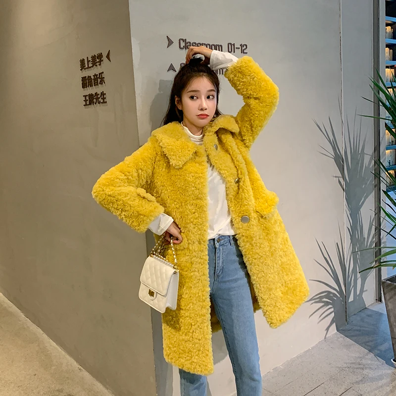 

2019 winter women fashion faux lamb wool long coats turn down collar single breasted loose plus size faux fur coat pink w1900