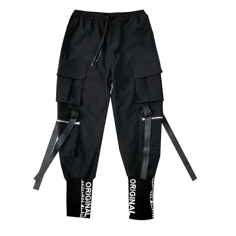 Hip Hop Men Ribbons Cargo Pants Fashion Harajuku New Elastic Waist Casual Streetwear Mens Joggers Trousers Black men jogger pants men jogger sweatpants