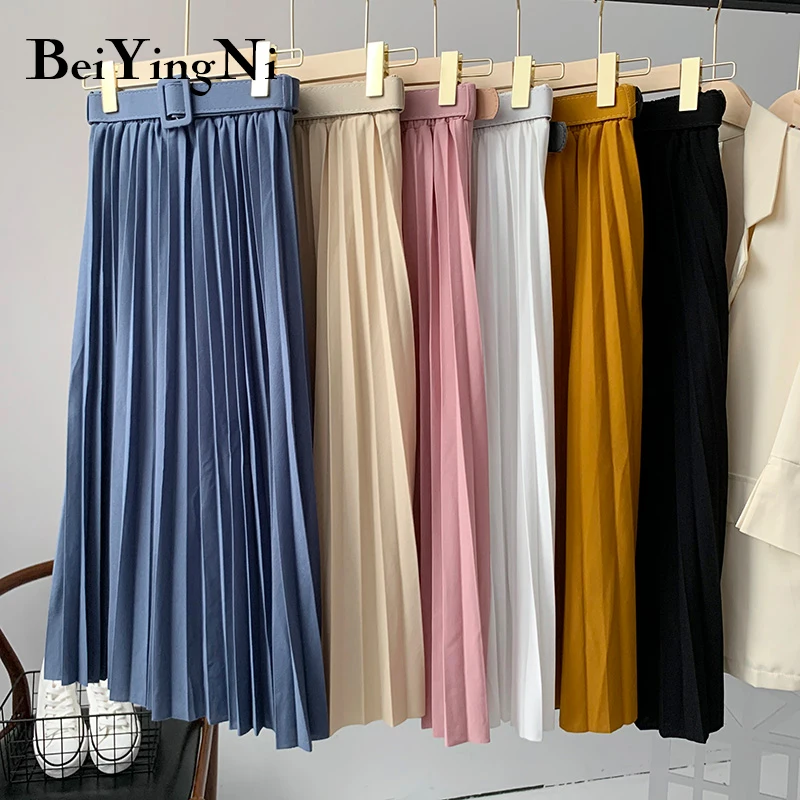 Elegant Skirts Pleated Midi Korean Plus-Size Women Summer High-Waist-Belt Ladies Fashion