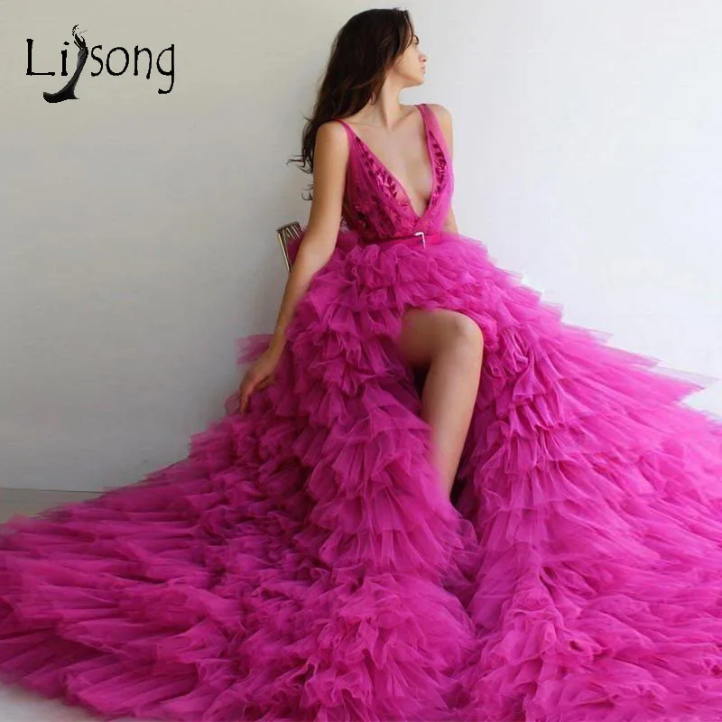 2019 Hot Pink Tiered Ruches Tutu Prom Dresses Sexy Hoge Kant Split Lange Kant Prom Jassen Robe De Soiree Formele jurken 2019 Hot Pink Tiered Ruches Tutu Prom Dresses Sexy Hoge Kant Split Lange Kant Prom Jassen Robe De Soiree Formele jurken