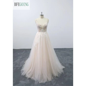 

Tulle Appliques V-Neck Sleeveless Floor-Length Bridal gown A-line Wedding dress Chapel Train Custom made