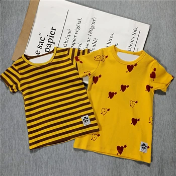 

Summer 2020 new t-shirt for children, boys and girls, neutral stripe, yellow heart printed cotton t-shirt