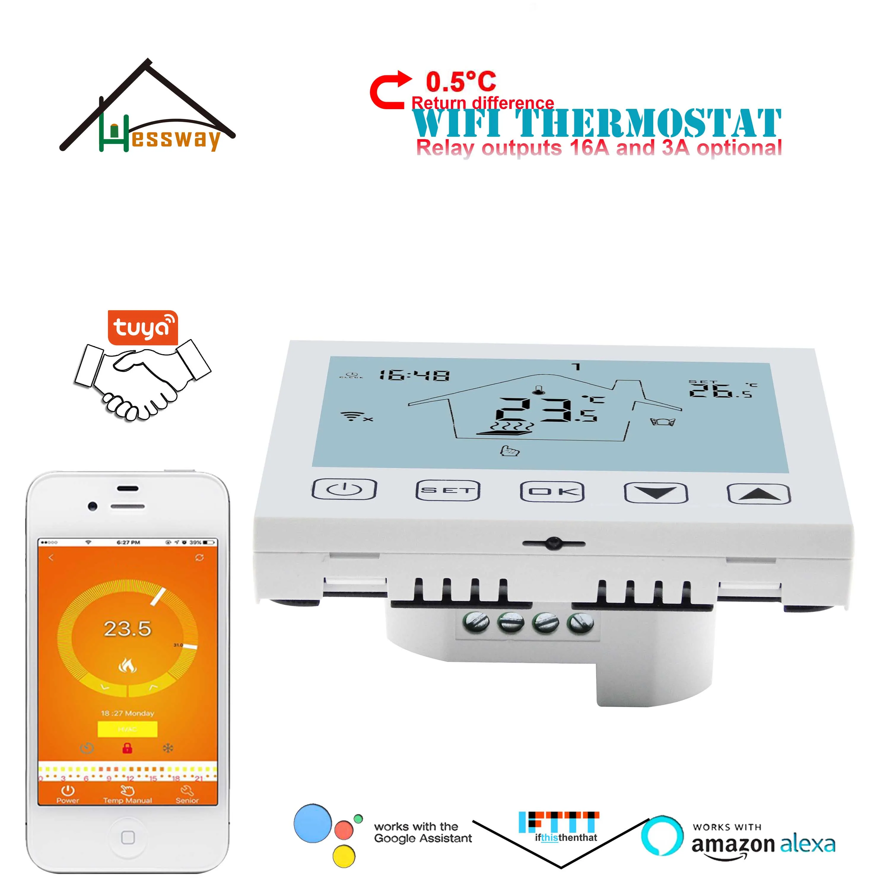 HESSWAY Radiant Floor Heating TUYA WIFI THERMOSTAT for 3A/16A Relay switch
