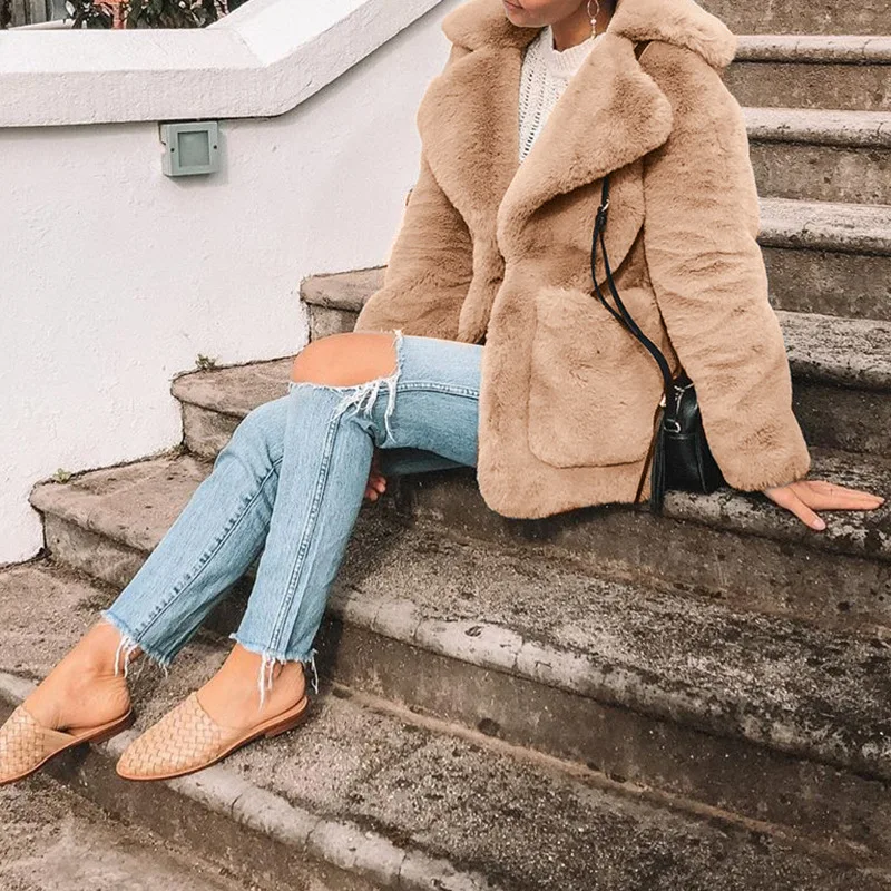 

Faux Fur Women's Fall Coat Imitation Fur Top Casual Camel Clothes Lapel Neck Loose Warm Side Pocket Long Sleeve Winter Clothes