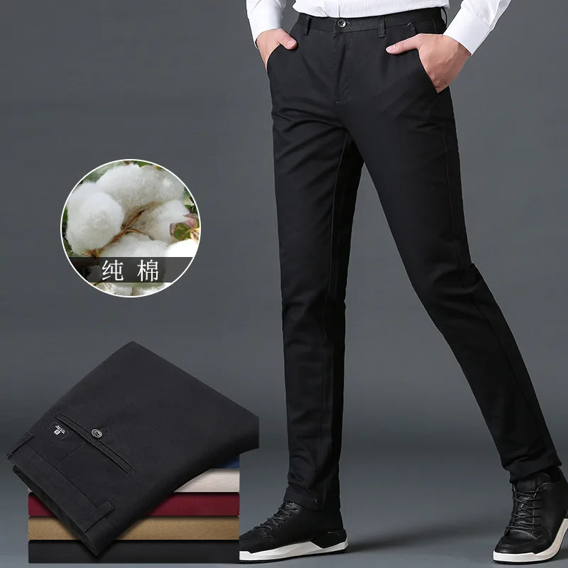 

men's casual pants fitness straight cotton blends long trousers plus size 2019 spring elastic navy grey black young slacks