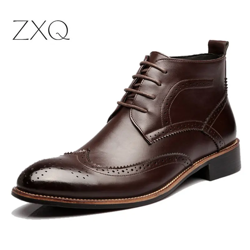

British Style Men Boots Carved Pointed Toe Men Brogues Boots Retro Lace Up Black Brown Leather Boots For Men Size 38-45