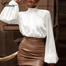 

Celmia Haut High Collar Blouses 2022 Fashion Autumn Long Lantern Sleeve Solid Tunic Tops Streetwear Women Satin Elegant Shirts