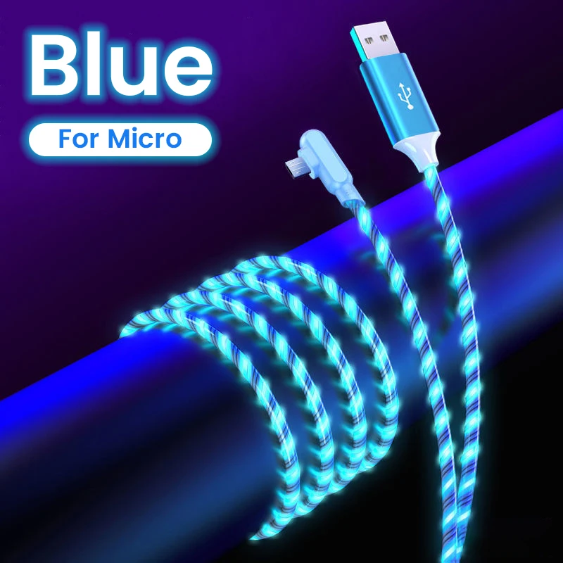 1m/2m 5A Elbow 90 degrees Fast Charging Cable For Samsung Huawei Micro USB Type C Flow Luminous Lighting LED Kable Data Cord fast charging cable for android Cables