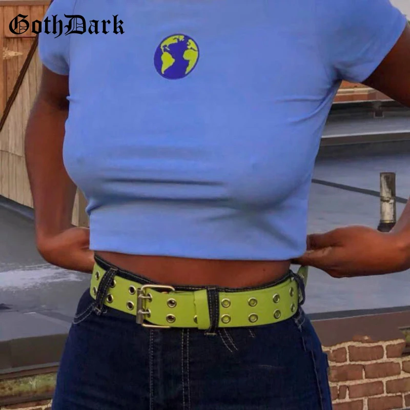Goth Dark Aesthetic Female T-shirt Summer 2020 Y2k E-girl Earth Graphic Embroidery Harajuku Cute Crop Top Casual Skinny Blue Tee