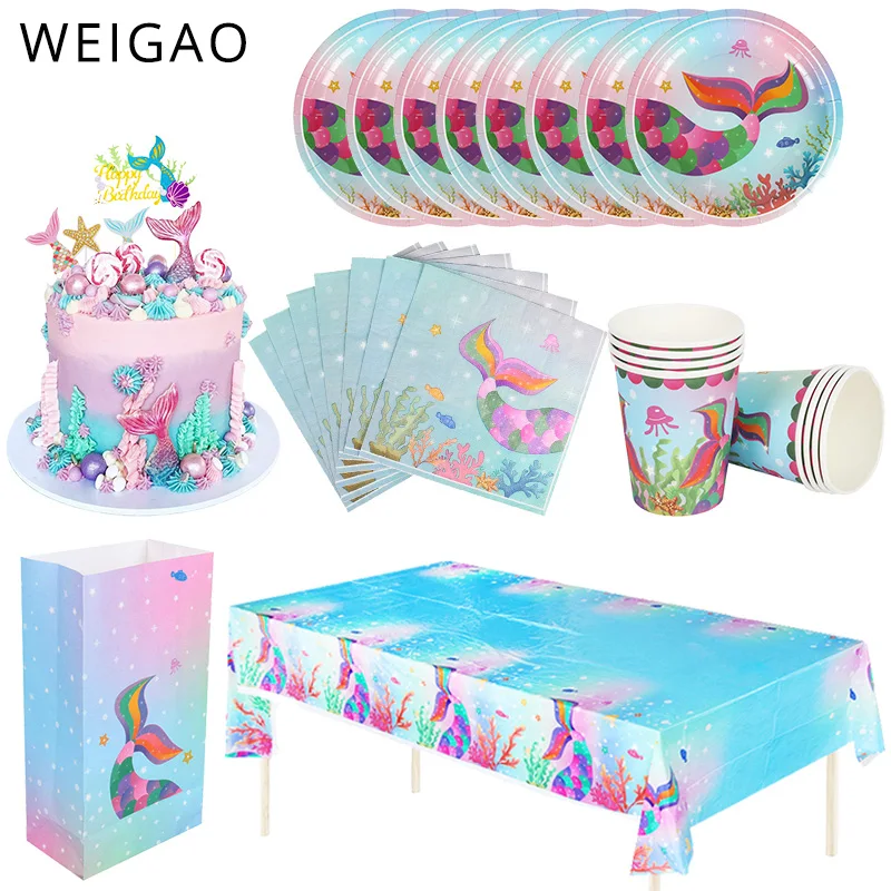 WEIGAO-vajilla desechable para fiestas de cumpleaños de niños, plato de sirena, servilletas para tazas, suministros