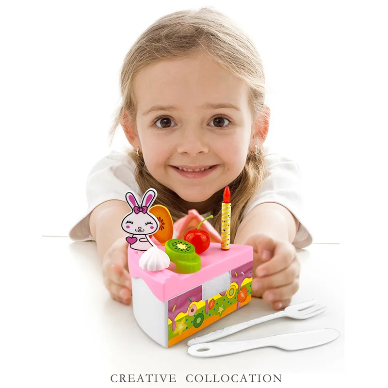 46PCS Pretend Play Birthday Cake Cutting Fruit Toy DIY Kitchen Food Gift for Children Kids,Blue