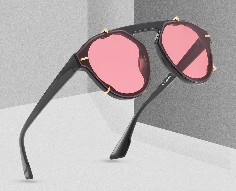 Мужские солнцезащитные очки с заклепками и круглой оправой,, роскошные брендовые пластиковые черные розовые солнцезащитные очки, женские градиентные очки, винтажные Ретро очки