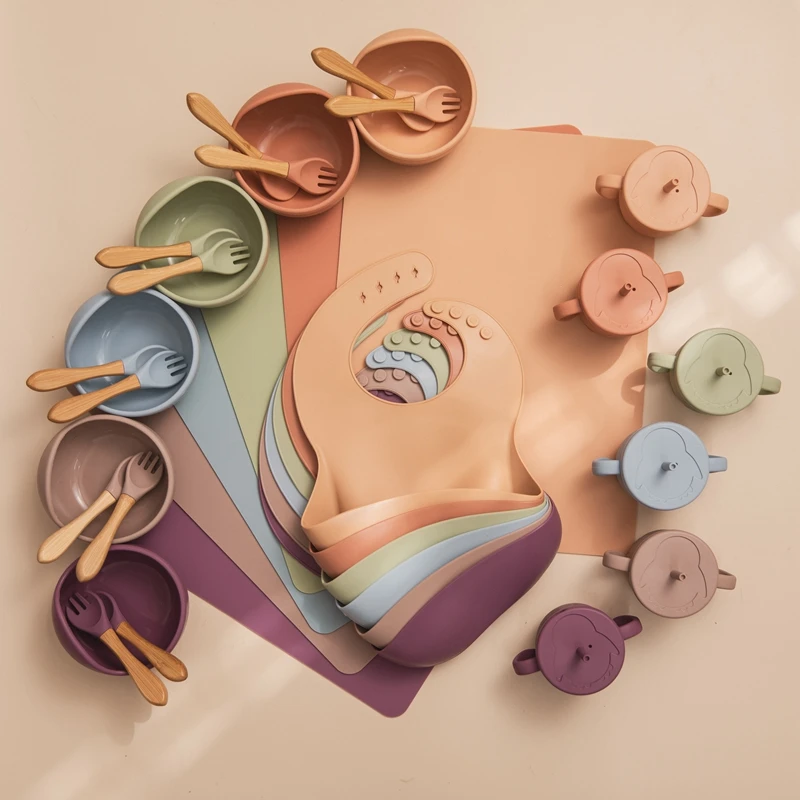 Vajilla de alimentación de bebé sin BPA, tazón de silicona de grado alimenticio, Mantel Individual, tenedor, cuchara, vasos de alimentación, suministros para bebés, 6 uds.
