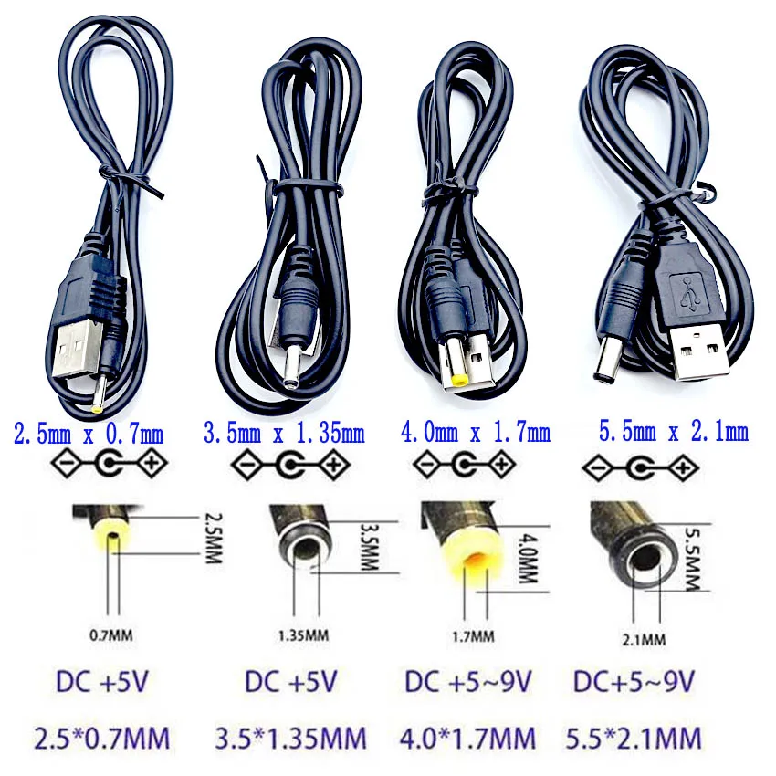 2PCS/lot USB 2.0 to DC Power Connector Adapter Cable 2.5*0.7 3.5*1.35 4.0*1.7 5.5*2.1mm Charging Line | Обустройство дома