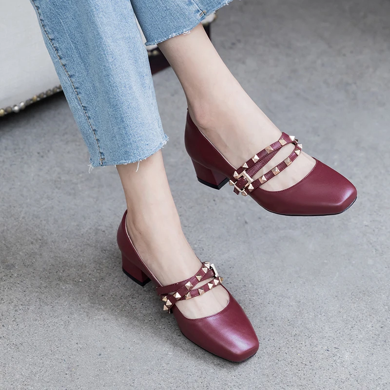 British style new spring high heels shoes women's pumps genuine leather rivet Gladiator Mary Jane ladies dating shoes femme