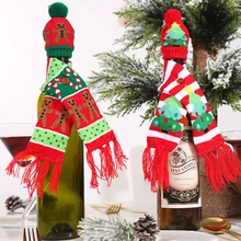 Новые рождественские вязанные шарф и шапка Набор шампанское красное вино бутылка рождественские украшения для дома Санта Клаус шляпа