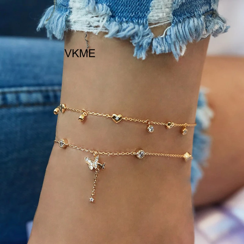 VKME 2 chain Crystal Butterfly Pendant Anklet NEW Foot Bracelet on Leg Beach Women Anklet Jewelry VKME 2 chain Crystal Butterfly Pendant Anklet NEW Foot Bracelet on Leg Beach Women Anklet Jewelry