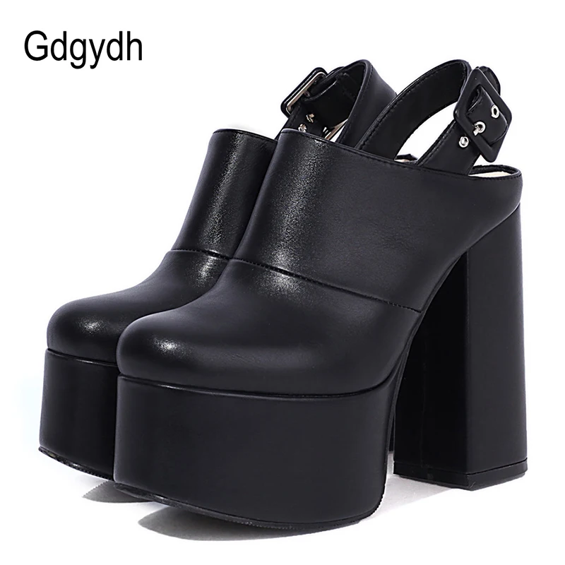 Gdgydh Women Cover Toe Back Strap Block Heel Shoes Slingback Mules Women With Buckle Street Style Gothic Platform Pumps Big Size