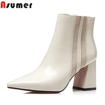 

ASUMER 2020 new ankle boots for women pointed toe classic genuine leather boots thick high heels shoes autumn winte boots