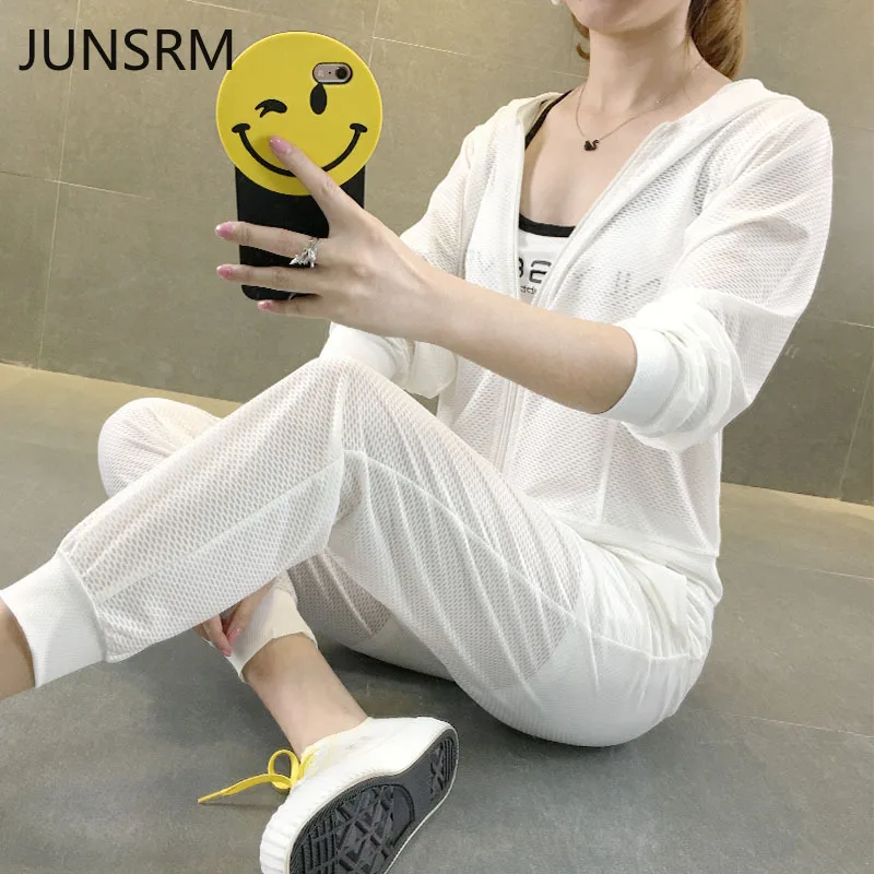 

two piece set women sports suit 2 piece summer running fitness quick-drying mesh breathable Loose clothes women hooded set