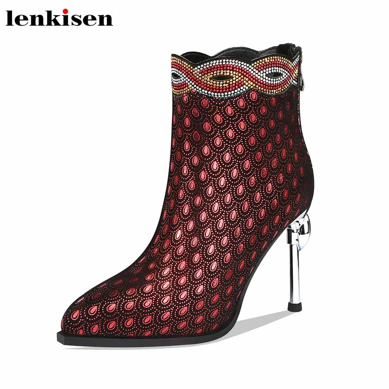 

Lenkisen gorgeous crystal print sheep suede pointed toe metal stiletto super high heels winter women keep warm ankle boots L95