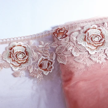 

1 meter 22cm Wide Rose Flowers Embroidery Lace Trim orange Tulle Lace fabric for lingerie underwear Home Textile Dress Decor DIY